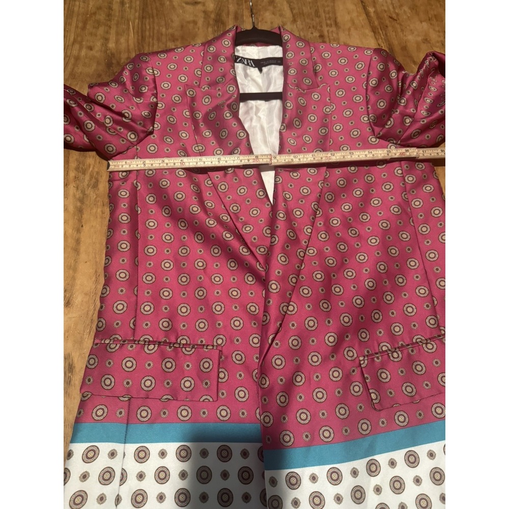 ZARA Printed Satin Blazer Women XS Pink Blue Geometric Longline Jacket 3215/208 - Picture 8 of 10